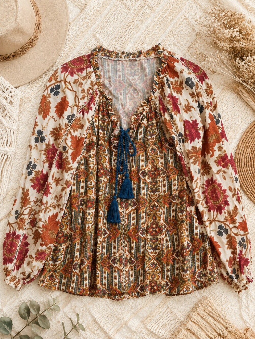 Sundance Multi-Print Floral Boho Tassel flowy Blouse Sz L